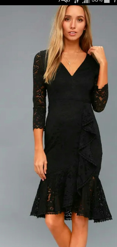 Lulu's Black Lace V-Neck Ruffle Hem Cocktail Dress
